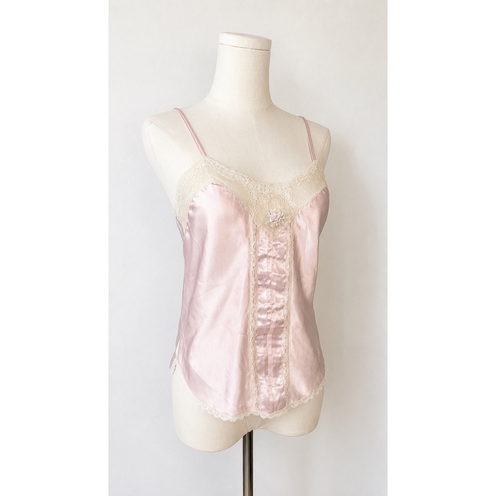 Vintage 80s Indulgence Pink Satin Lace Camisole Top Regency Victorian Coquette